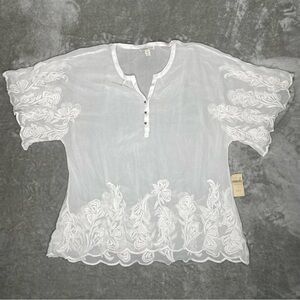 NWT Coldwater Creek Sheer White Embroidered Blouse Size L 14 Boho Office